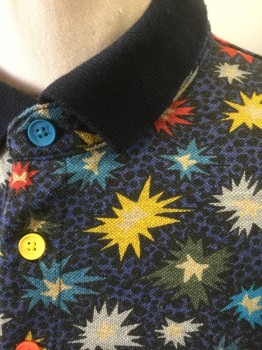 PAUL SMITH, Multi-color, Navy Blue, Red, Yellow, Lt Blue, Cotton, Abstract , Navy and Black Pebbled Background with Wacky Multicolor Stars/Explosions Pattern, Pique Jersey, Solid Navy Rib Knit Collar Attached & Trim on Sleeves, Short Sleeves, 3 Button Front