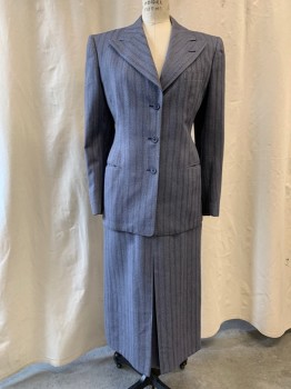 BERMAN'S, Blue-Gray, Gray, Dk Red, Wool, Stripes, Birds Eye Weave, Single Breasted, Collar Attached, Peaked Lapel, 3 Buttons,  3 Pockets,