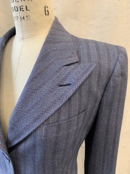 BERMAN'S, Blue-Gray, Gray, Dk Red, Wool, Stripes, Birds Eye Weave, Single Breasted, Collar Attached, Peaked Lapel, 3 Buttons,  3 Pockets,