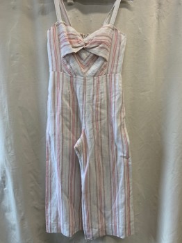 REBECCA TAYLOR, White, Orange, Brown, Mint Green, Linen, Cotton, Stripes, Sweetheart Neckline with Bow, Adjustable Shoulder Straps with Buttons, Shirred Back, Zip Back