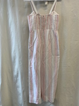 REBECCA TAYLOR, White, Orange, Brown, Mint Green, Linen, Cotton, Stripes, Sweetheart Neckline with Bow, Adjustable Shoulder Straps with Buttons, Shirred Back, Zip Back