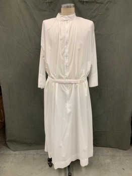 ABBEY, White, Cotton, Solid, Zip Front, Band Collar with Velcro Closure, Gathered at Neck, Side Seam Slits for Pocket Access, Floor Length Hem, Attached Self Front Belt with Velcro Closure, Pleated Back Skirt