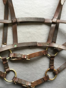 MTO, Brown, Bronze Metallic, Leather, Metallic/Metal, Solid, Post apocalyptic Bondage Work Harness, Adjustable with Buckles Front and Shoulders, Easy on and Off Velcro Closures at Back