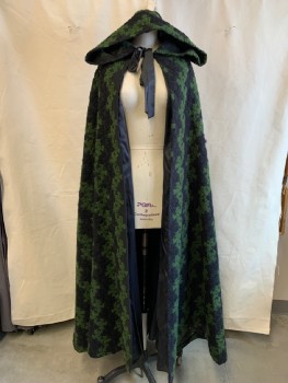 MTO, Black, Green, Wool, Synthetic, Textured Fabric, Green & Black Abstract Embroidery, Hood, Satin Ribbon At Neck, Floor Length Hem