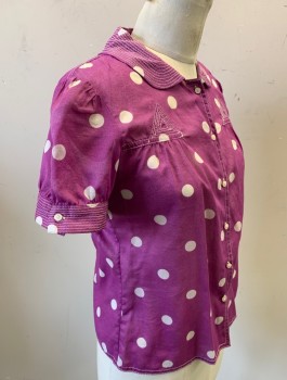 MARC JACOBS, Purple, Off White, Cotton, Polka Dots, Lightweight/Sheer Cotton, Short Puffy Sleeves, Button Front, Peter Pan Collar, White Intricate Top Stitching at Collar, Cuffs and Triangles at Either Side of Yoke at Chest