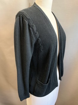 ST JOHN I.MAGNIN, Black, Solid, Open Front Cardigan, Some Cable Knit Trim, 2 Pockets,