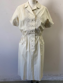 ABBY KEN, Ecru, Cotton, Solid, Short Sleeves, Shirt Waist, Fabric Buttons in 2 Rows at Front, Self Embroidery at Chest and Sleeves, 2 Welt Pockets at Hips, Gathered Waist with No Longer Stretchy Elastic, Knee Length,