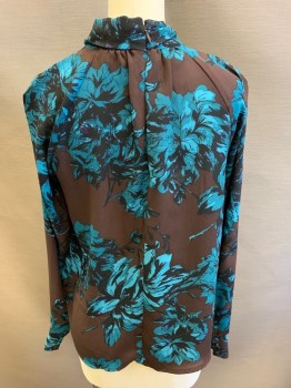 WHO WHAT WEAR, Dk Brown, Teal Blue, Black, Polyester, Floral, Stand Collar with Pussy Bow, Raglan Long Sleeves, 3 Button Cuffs, Center Back Zipper,