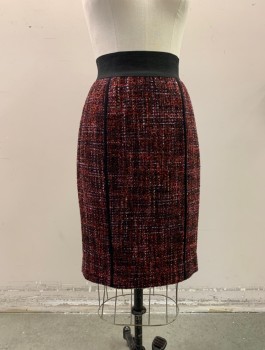 HALOGEN, Red Burgundy, Black, Antique White, Cherry Red, Orange, Polyester, Wool, Tweed, Black Elastic Waist Band, with Zip Back, Back Slit, Multicolored, Two Black 1/4 Inch Black Fabric Ribbon Trim on Front.