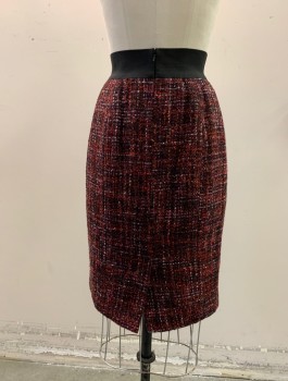 HALOGEN, Red Burgundy, Black, Antique White, Cherry Red, Orange, Polyester, Wool, Tweed, Black Elastic Waist Band, with Zip Back, Back Slit, Multicolored, Two Black 1/4 Inch Black Fabric Ribbon Trim on Front.
