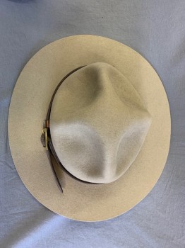 Stratton, Khaki Brown, Wool, Solid, Campaign Hat, Peak Crown, Badge Holes, Brown Leather Hat Band with Gold Buckle,