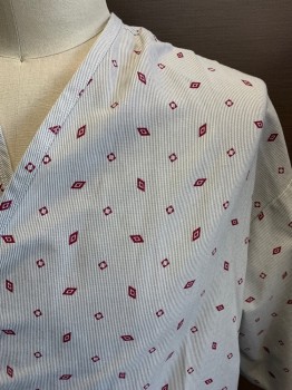 FASHION SEAL, Lt Gray, Maroon Red, White, Cotton, Polyester, Stripes, Geometric, White and Light Gray Stripes with Maroon Geometric Shapes, V-neck, White Tie Closure, Short Sleeves