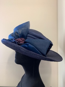 WHITTAIL & SHON, Navy Blue, Straw, Solid, Wide Brim, Bow and Flowers Made From Straw