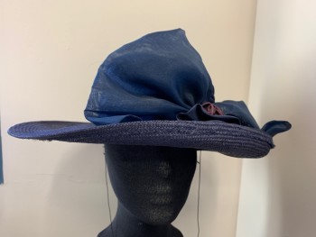 WHITTAIL & SHON, Navy Blue, Straw, Solid, Wide Brim, Bow and Flowers Made From Straw