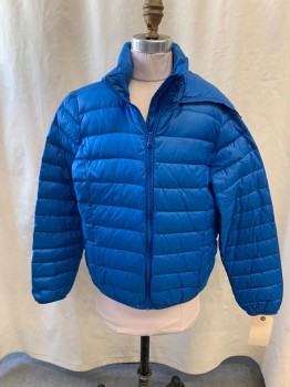 TONY MARS, Blue, Polyester, Solid, Quilted, Puffy, Poly Filled, Zip Front, 2 Pockets, Attached Hood