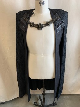 MTO, Black, Metallic, Polyester, Padded Shoulders, Large Brass & Black Metal Chain Closure, Diagonal Textured Pleather Strips On Chest, Textured Black On Black Weave On Inner Vest
