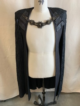 MTO, Black, Metallic, Polyester, Padded Shoulders, Large Brass & Black Metal Chain Closure, Diagonal Textured Pleather Strips On Chest, Textured Black On Black Weave On Inner Vest