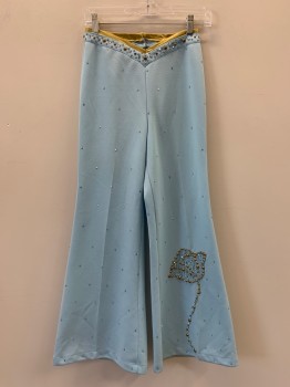 NO LABEL, Baby Blue, Gold, Polyester, Solid, V Cut Waist Band, Gold And Blue Rhinestones And Studs, Flower On Bottom Pant Leg, Back Zip, Wide Leg, Made To Order,