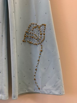NO LABEL, Baby Blue, Gold, Polyester, Solid, V Cut Waist Band, Gold And Blue Rhinestones And Studs, Flower On Bottom Pant Leg, Back Zip, Wide Leg, Made To Order,