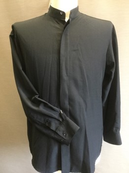 EDWARDS, Black, Solid, Black, Stand Collar Attached, Hidden Button Front, Long Sleeves, Curve Hem