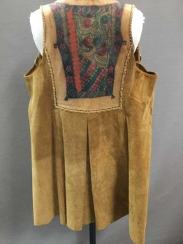 N/L, Lt Brown, Multi-color, Suede, Abstract , Geometric, Light Brown Suede With Hand Drawn Abstract Design On Chest & Center Back, Self Ties At Front, Late 1960's Hippie