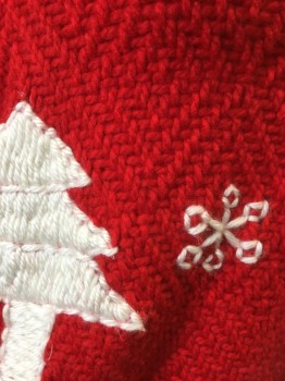 ARTESANIAS MICKEY , Red, White, Acrylic, Holiday, Novelty Pattern, Solid Red Knit with White Christmas Trees and Snowflakes, Knotted Yarn Fringe at Ends, Open at Center Front with Hook & Eye Closure