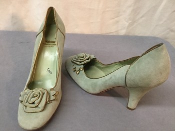 MOSCHINO, Sage Green, Gold, Suede, Solid, Pump, Self Rosette at Toe, Gold Piping Edges, 4.5" Heel, Retro