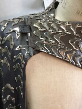 MTO, Silver, Brown, Leather, Metallic/Metal, U Shaped Metal Embellishments Throughout, Crossover Collar Piece Attached with Metal Long Nail, Open Front, Floor Length