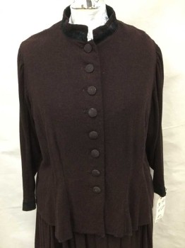 NO LABEL, Brown, Black, Wool, Heathered, Button Front, Stand Collar, Black Embroidered Ribbon Trim, Long Sleeves, Button Fabric Worn, Overlock Botton Hem,