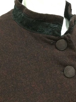 NO LABEL, Brown, Black, Wool, Heathered, Button Front, Stand Collar, Black Embroidered Ribbon Trim, Long Sleeves, Button Fabric Worn, Overlock Botton Hem,