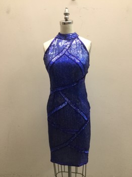 N/L, Blue, Synthetic, Sequins, Abstract , Holographic Sequinned All Over with Navy Bugle Beads, Halter Neck, Backless, Doubles