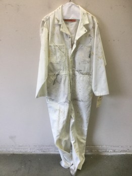 RED KAP, White, Gray, Yellow, Cotton, Polyester, Solid, Aged/Distressed,  2 Chest Pockets, Zip Front with Snaps, Paint Splatter, Painter.