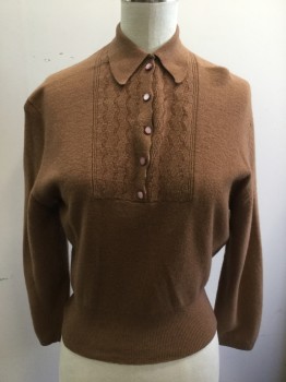 LYLE & SCOTT, Caramel Brown, Cashmere, Solid, Cable Knit, Pullover, Collar Attached, 5 Buttons, 3/4 Sleeves,