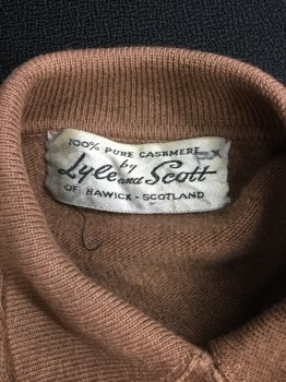 LYLE & SCOTT, Caramel Brown, Cashmere, Solid, Cable Knit, Pullover, Collar Attached, 5 Buttons, 3/4 Sleeves,