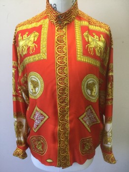 N/L, Red, Goldenrod Yellow, White, Polyester, Novelty Pattern, Golden Yellow Grecian Pattern with Gold Leaf, Grecian Man on Horseback, Grecian Statues, Etc, Long Sleeve Button Front, Band Collar,