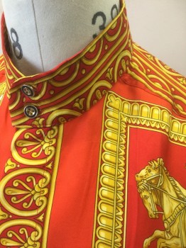 N/L, Red, Goldenrod Yellow, White, Polyester, Novelty Pattern, Golden Yellow Grecian Pattern with Gold Leaf, Grecian Man on Horseback, Grecian Statues, Etc, Long Sleeve Button Front, Band Collar,