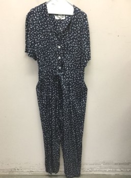 MOLLY MALLOY, Navy Blue, Lavender Purple, White, Turquoise Blue, Rayon, Floral, Gauze, S/S, Rounded Square Neck, 4 Button Front, Self Ties at Waist, Full Length Tapered Legs