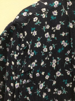 MOLLY MALLOY, Navy Blue, Lavender Purple, White, Turquoise Blue, Rayon, Floral, Gauze, S/S, Rounded Square Neck, 4 Button Front, Self Ties at Waist, Full Length Tapered Legs