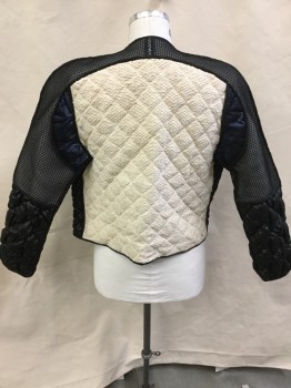 MTO, Cream, Black, Navy Blue, Poly/Cotton, Synthetic, Basket Weave, Diamonds, Basket Woven Diamond Quilt Front & Back, Navy Round Neck & 2  Bottom Pocket with Zipper,  with Black Trim, Black Perforated with Cream Puffy Lining Upper Arm & Black Diamond Quilt Lower Arm ( Long Sleeves), Navy Perforated Lining, Black Zip Front