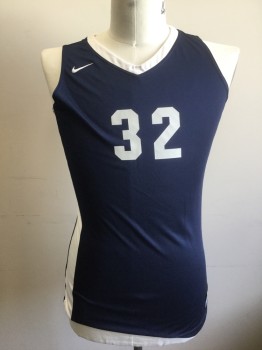 NIKE DRI FIT, Navy Blue, White, Polyester, Color Blocking, Navy with White V-neck, White Panels at Sides with Navy Stripes, Sleeveless, "32" at Front and Back