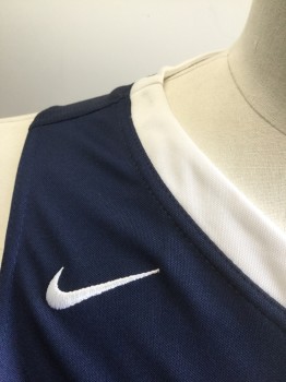 NIKE DRI FIT, Navy Blue, White, Polyester, Color Blocking, Navy with White V-neck, White Panels at Sides with Navy Stripes, Sleeveless, "32" at Front and Back