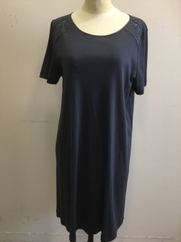HANRO, Gray, Polyester, Solid, Purple/Gray, Scoop Neck, Short Sleeves, Above Knee, Mesh Shoulder Cutout Detail with Embroidery