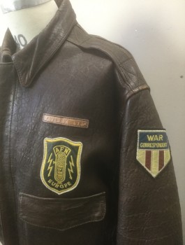 TYPE A-2, Brown, Multi-color, Leather, Solid, WWII Uniform Press Photographer Jacket, Zip Front, Assorted Patches Throughout Including "War Correspondent", "Official US War Photographer" Etc, Collar Attached, Epaulettes at Shoulders, Reproduction