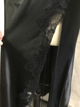 OSCAR DE LA RENTA, Black, Silk, Solid, Floral, (2:  1 small, 1 med)  Black, Floral Lace Trim & Detail Work, V-neck, Spaghetti Straps, Left Knee Slit with Black Lace Trim