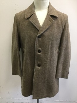 CASUAL CRAFT, Brown, Wool, Nylon, Herringbone, Tweed, Single Breasted, Collar Attached, Notched Lapel, 3 Buttons,  2 Pockets, Long Sleeves, Thigh Length