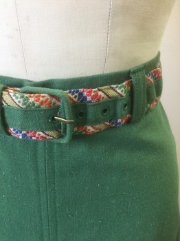 N/L, Green, Multi-color, Cotton, Solid, Textured Solid Green Cotton, 1.5'' Waistband, A-Line, Hem Below Knee, Box Pleat at Center Front, Reproduction **Comes with Matching Belt, Belt is Green Solid and Multicolor Patterned Fabric