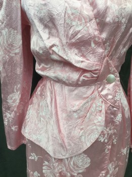 MILARGO, Pink, White, Acetate, Floral, Crinkled Acetate Silk, Surplice Top, Pleated at Shoulder Panels, Rounded Button Panel, Starburst Pleats Surrounding, Wrap Skirt with Rounded Ruffle at Waist to Side Seam, Hem Below Knee, Pleated Puffy Long Sleeves