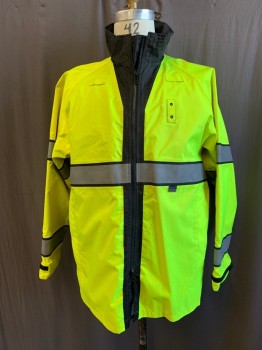 BLAUER, Neon Yellow, Black, Polyester, Stripes, Reversible, Neon Yellow with Gray Stripe, Zip Front, Stand Collar, 2 Pockets, Zip Side Slits, Raglan Long Sleeves, Velcro Tab Cuff, Solid Black Reverse (Barcode Inside Pocket on Black Side)