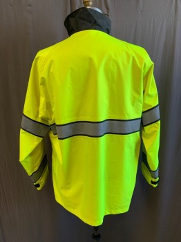 BLAUER, Neon Yellow, Black, Polyester, Stripes, Reversible, Neon Yellow with Gray Stripe, Zip Front, Stand Collar, 2 Pockets, Zip Side Slits, Raglan Long Sleeves, Velcro Tab Cuff, Solid Black Reverse (Barcode Inside Pocket on Black Side)