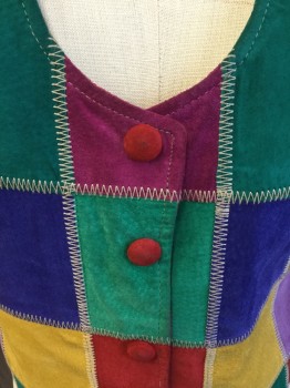 RIAZ, Teal Green, Purple, Mustard Yellow, Maroon Red, Red, Suede, Color Blocking, VEST: Tan Zig-zag Top Stitches, Scoop Neck, 4 Red Suede Cover Snap Button, Solid Shimmer Brass Lining & Back with Short Belt & Buckle, with Matching Shorts